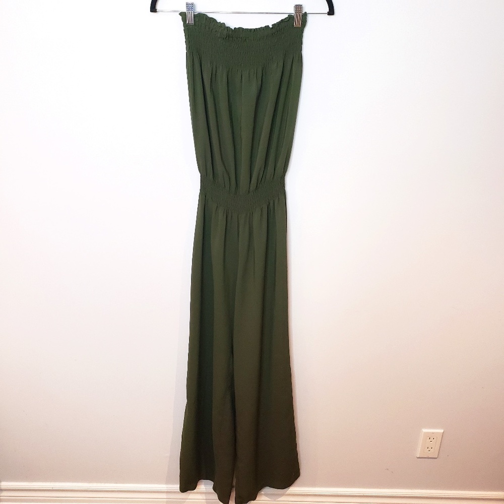 Venus Army Green Strapless Flowy Leg Jumpsuit